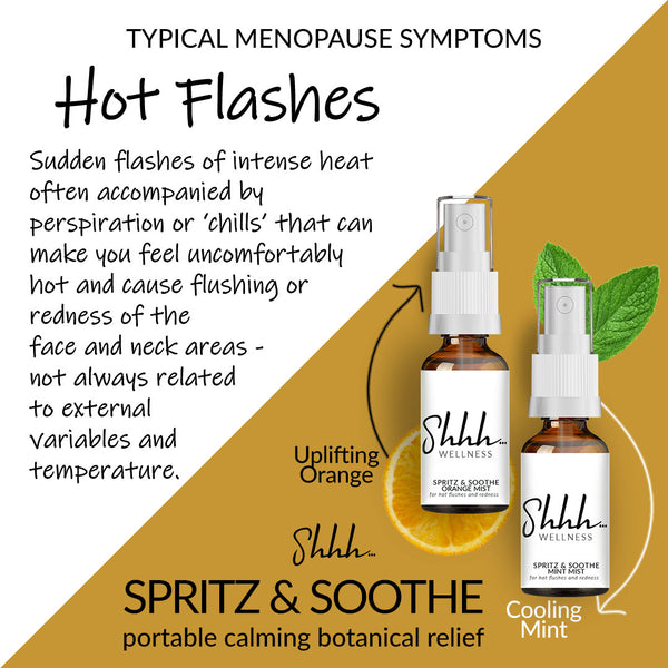Shhh... Menopause Wellness – Hot Flashes – Spritz & Soothe – Portable calming botanical relief – Uplifting  Orange and Cooling Mint 