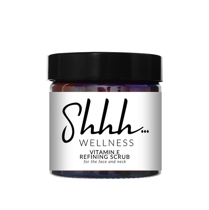 Shhh… Wellness Vitamin E Refining Scrub for the face and neck. 60ml brown jar.