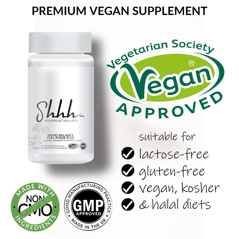 Shhh… Menopause Wellness – Meno Balance Full Phase Plus – Premium Vegan Supplement – Lactose Free – Gluten Free – Vegan – Kosher – Halal – Made with non-GMO ingredients, GMP Approved, Vegetarian Society Vegan Approved. 