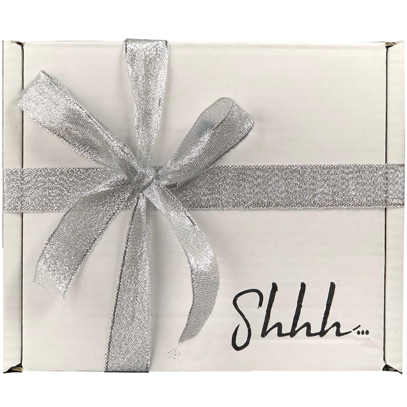 Shhh… Menopause Refining Starter Kit – Outer box image – with silver ribbon. Kit contains: Gift Box, with Refine & Refresh Facial Mist, Refine & Prime Clay Mask and Refine & Revive Detox Bath Salts