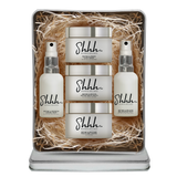 Shhh…  Women's Wellness Refine & Detox Gift box, open, showing; Refine & Prime Clay Mask, Refine & Refresh Facial Mask, Refine & Revive Detox Bath Salts, Refine & Restore Moisture Creme, Refine & Relieve Balancing Mist.