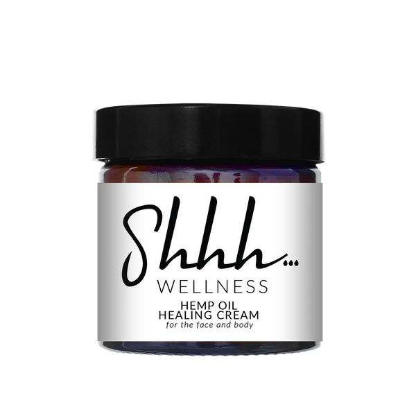 Shhh… Wellness Hemp Oil Healing Cream for the face and body, 60ml brown jar.