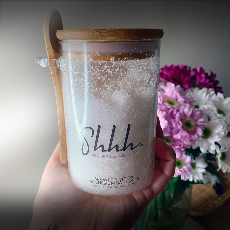 Shhh… Menopause Wellness Seaweed Detox Magnesium Bath Salts for the shower and bath. Beauty shot.