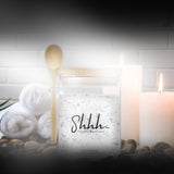 Shhh… Menopause Wellness Sleep Sound Bath Salts for the shower and bath. Beauty shot, vignette.400g