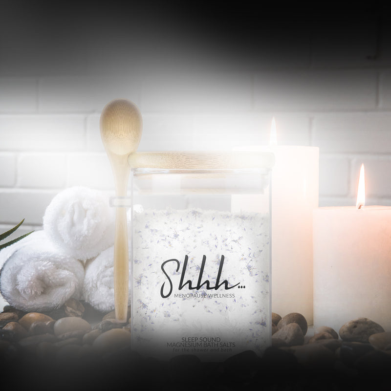 Shhh… Menopause Wellness Sleep Sound Bath Salts for the shower and bath. Beauty shot, vignette.400g
