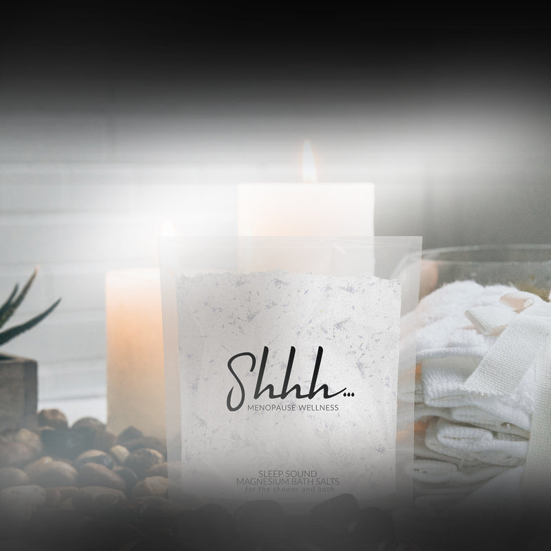 Shhh… Menopause Wellness – Sleep Sound Bath Salts beauty shot – candles vignette. 