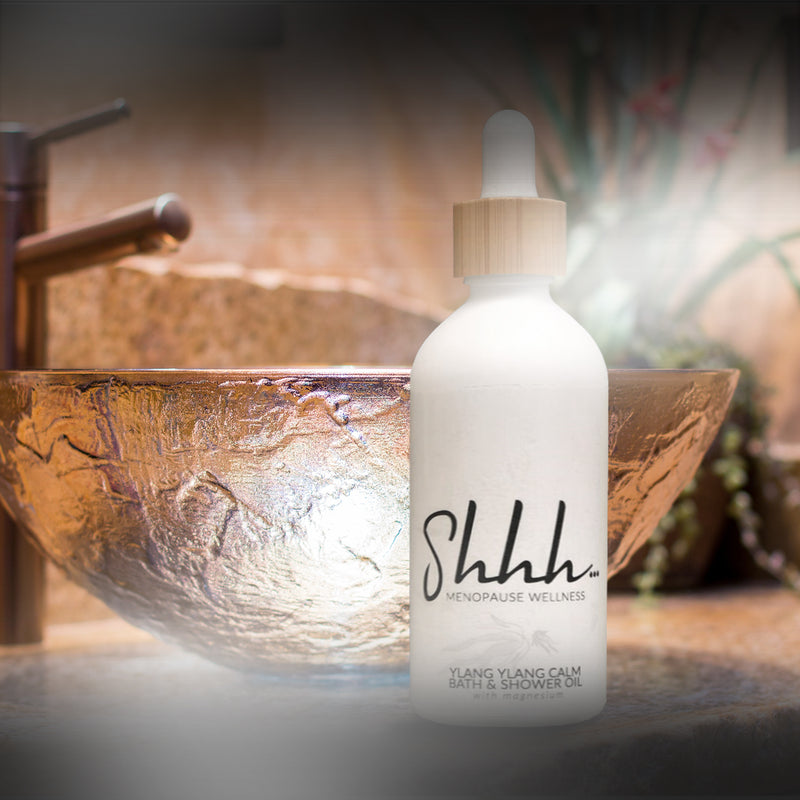 Shhh… Menopause Wellness Ylang Ylang Bath & Shower Oil with magnesium. Beauty shot. 100ml.